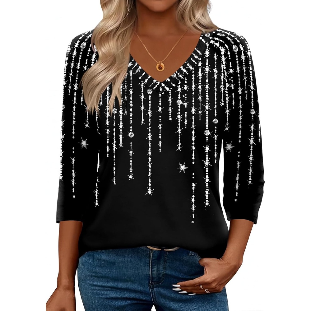 image:imageZeagoo 34 Length Sleeve Womens Tops Casual V Neck Shirts Soft Basic TeesShiny Diamond