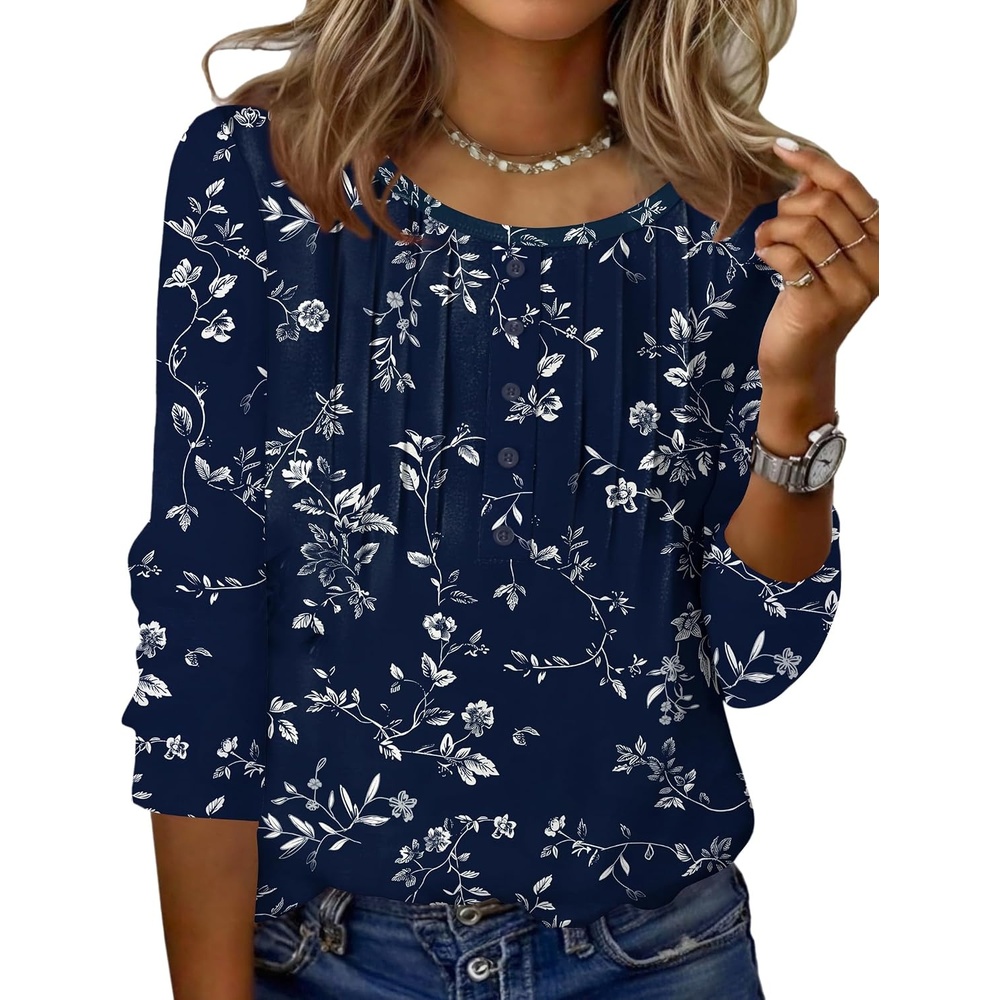 image:imageZeagoo 34 Length Sleeve Womens Tops Round Neck Casual Summer Tunic Tops Basic Tees Blouses Dressy TShirts Pleated Shirts02 Navy Floral