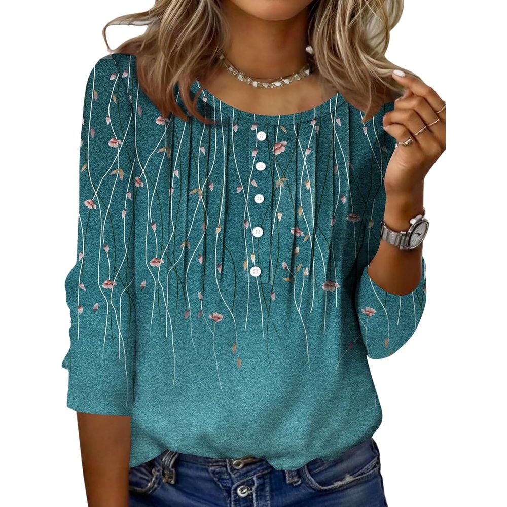 image:imageZeagoo 34 Length Sleeve Womens Tops Round Neck Casual Summer Tunic Tops Basic Tees Blouses Dressy TShirts Pleated ShirtsAgreen