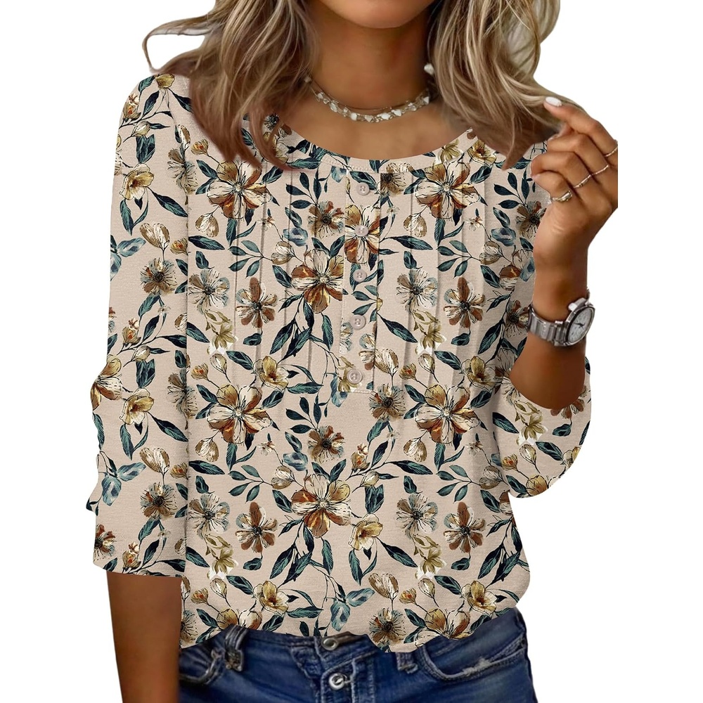 image:imageZeagoo 34 Length Sleeve Womens Tops Round Neck Casual Summer Tunic Tops Basic Tees Blouses Dressy TShirts Pleated ShirtsApricot