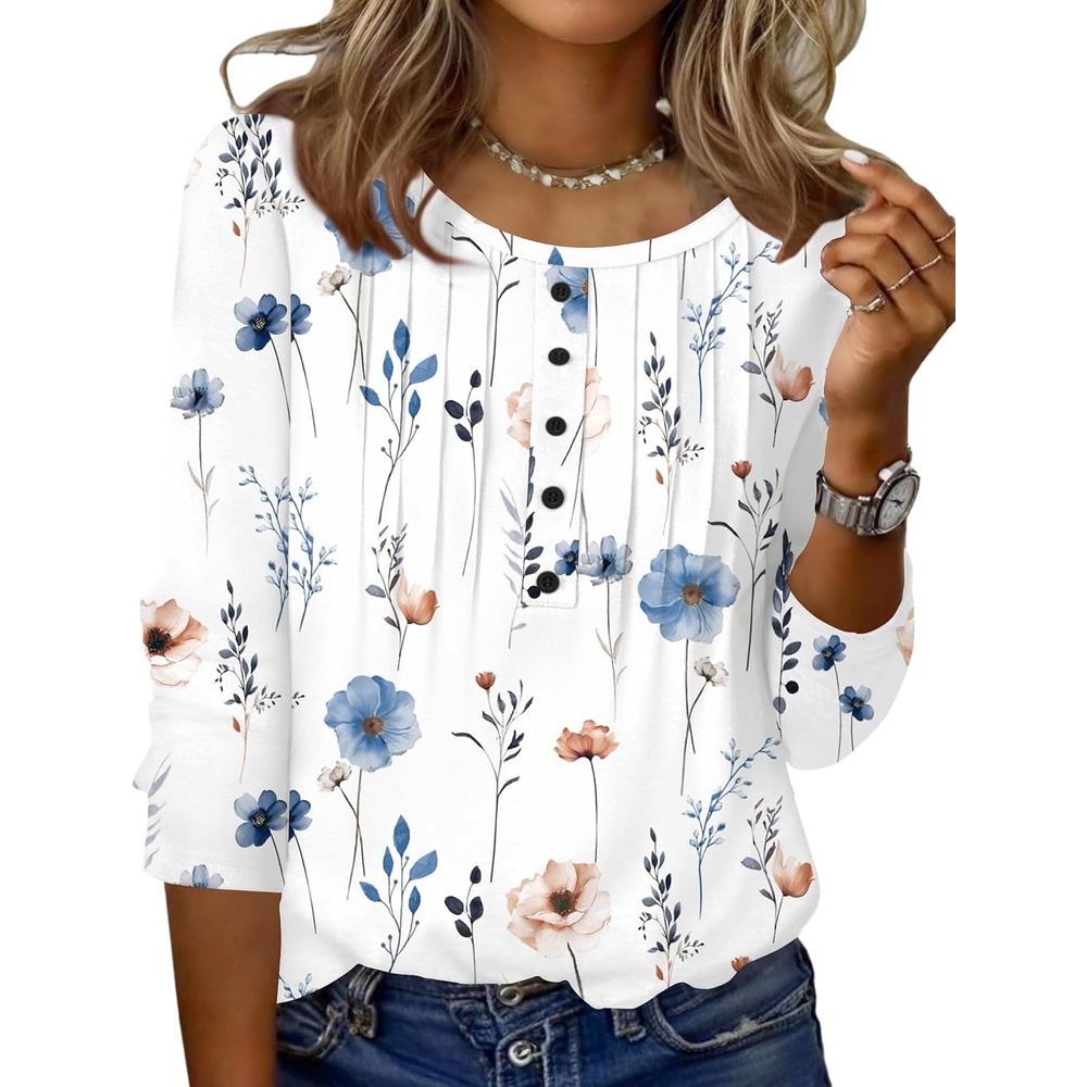 image:imageZeagoo 34 Length Sleeve Womens Tops Round Neck Casual Summer Tunic Tops Basic Tees Blouses Dressy TShirts Pleated ShirtsAwhite
