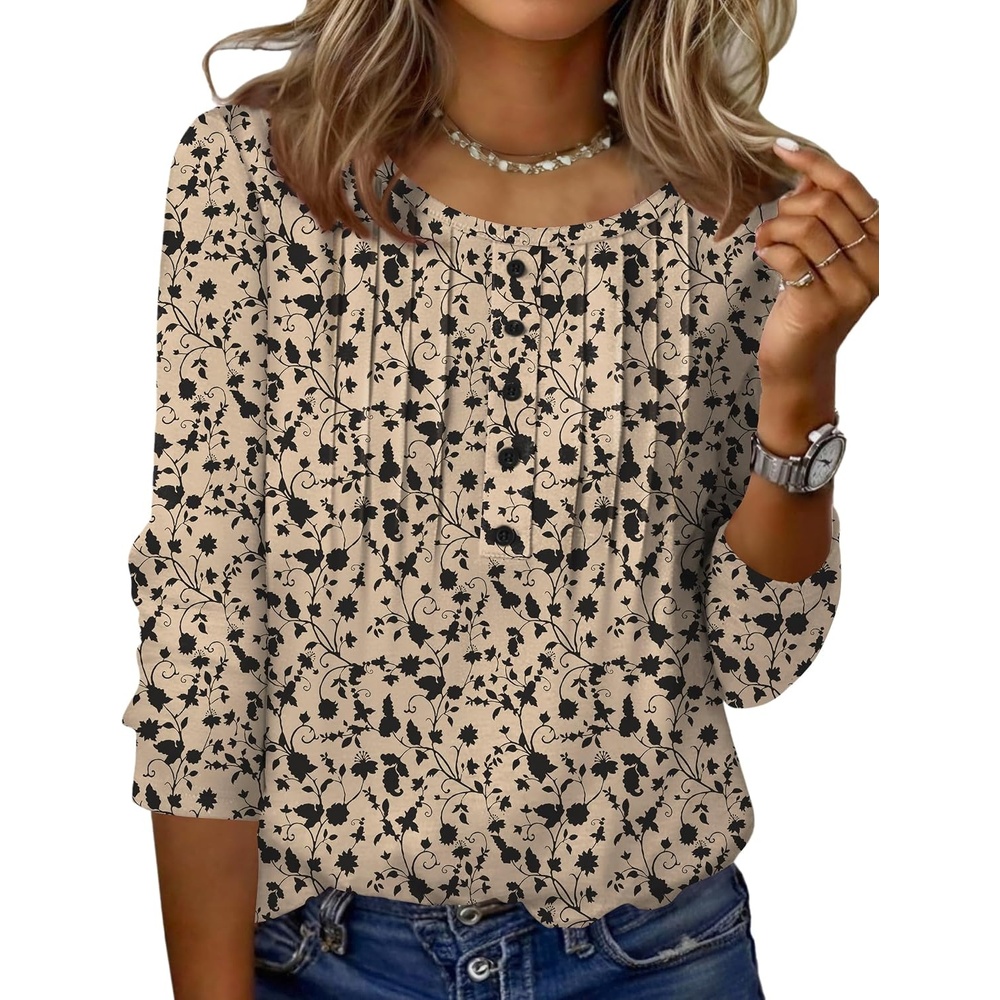 image:imageZeagoo 34 Length Sleeve Womens Tops Round Neck Casual Summer Tunic Tops Basic Tees Blouses Dressy TShirts Pleated ShirtsBeige
