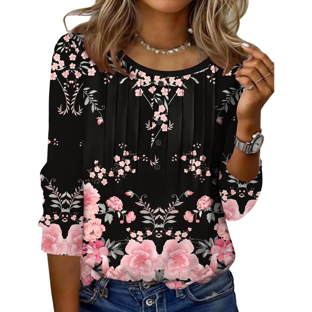 image:imageZeagoo 34 Length Sleeve Womens Tops Round Neck Casual Summer Tunic Tops Basic Tees Blouses Dressy TShirts Pleated ShirtsBlackpink