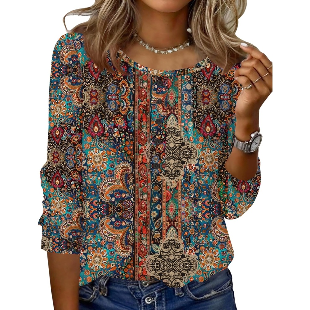 image:imageZeagoo 34 Length Sleeve Womens Tops Round Neck Casual Summer Tunic Tops Basic Tees Blouses Dressy TShirts Pleated ShirtsBrown