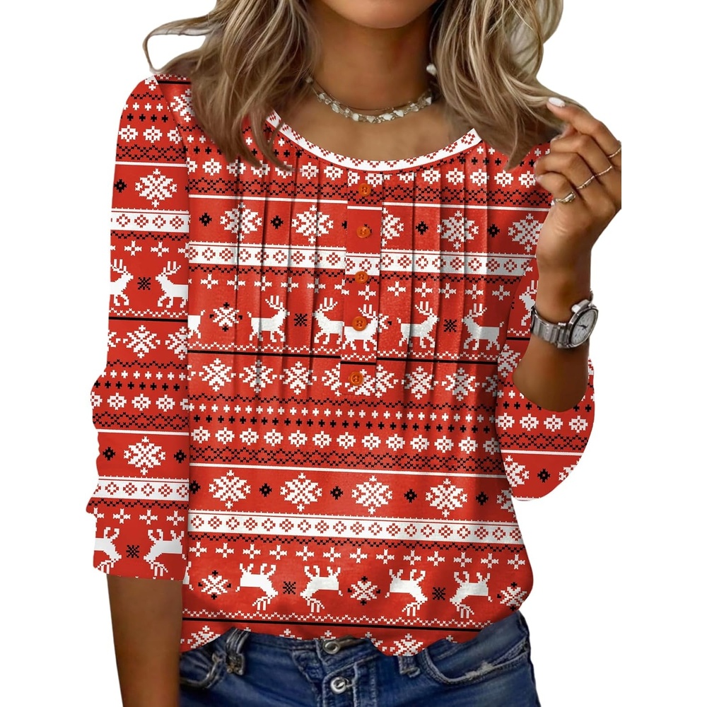 image:imageZeagoo 34 Length Sleeve Womens Tops Round Neck Casual Summer Tunic Tops Basic Tees Blouses Dressy TShirts Pleated ShirtsChristmas Print