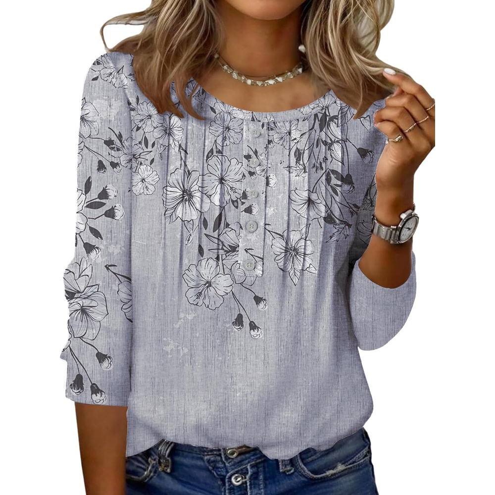 image:imageZeagoo 34 Length Sleeve Womens Tops Round Neck Casual Summer Tunic Tops Basic Tees Blouses Dressy TShirts Pleated ShirtsDh62