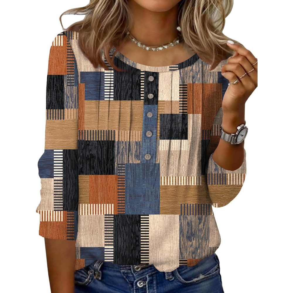 image:imageZeagoo 34 Length Sleeve Womens Tops Round Neck Casual Summer Tunic Tops Basic Tees Blouses Dressy TShirts Pleated ShirtsGeometric Color Block