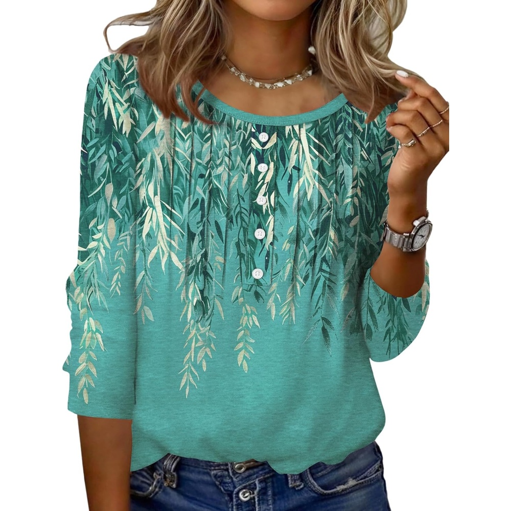 image:imageZeagoo 34 Length Sleeve Womens Tops Round Neck Casual Summer Tunic Tops Basic Tees Blouses Dressy TShirts Pleated ShirtsGreen