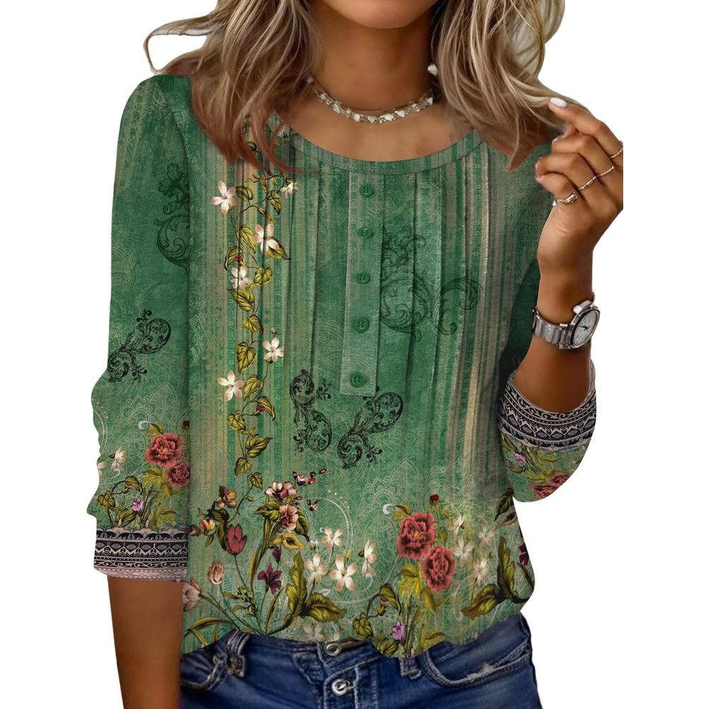 image:imageZeagoo 34 Length Sleeve Womens Tops Round Neck Casual Summer Tunic Tops Basic Tees Blouses Dressy TShirts Pleated ShirtsGreenyellow