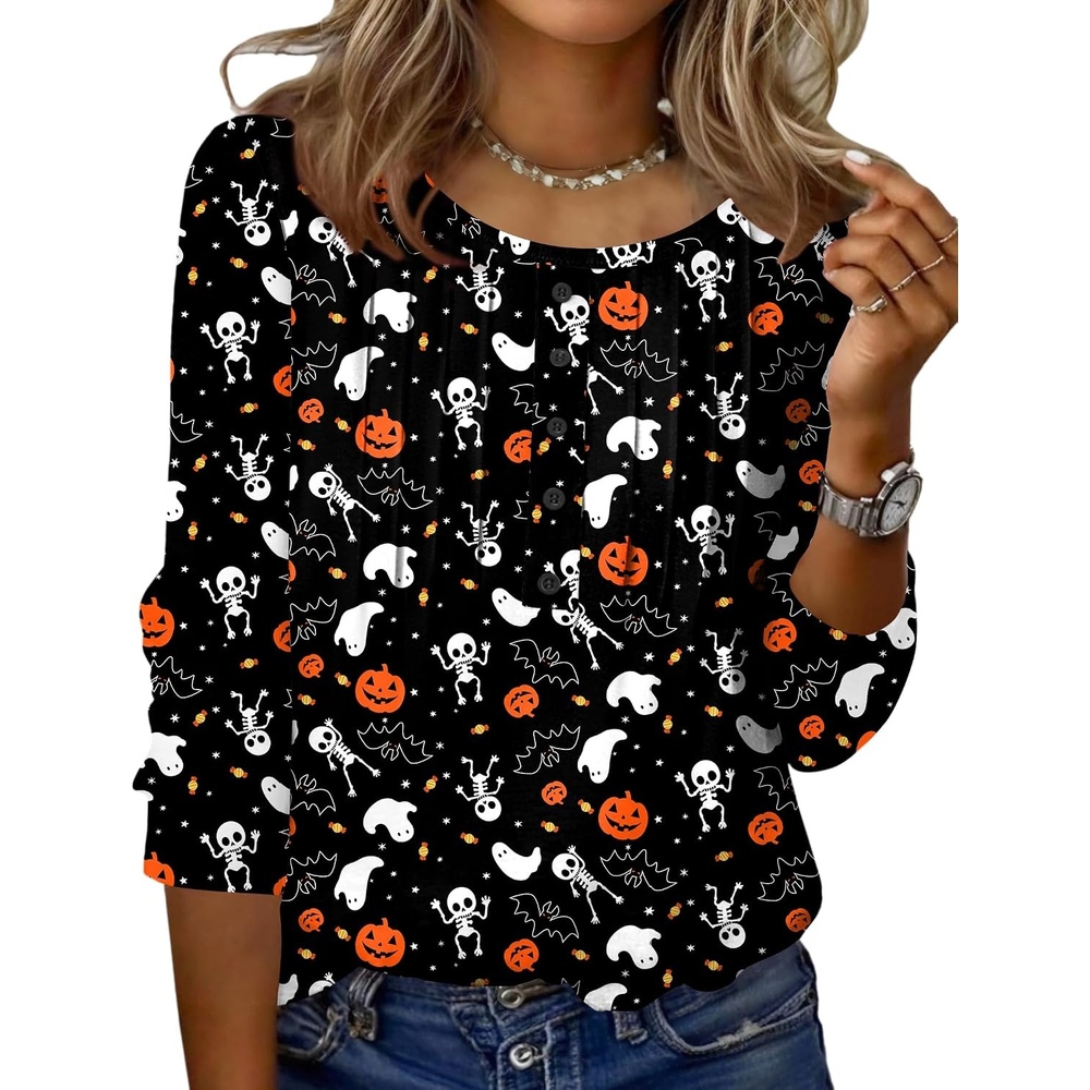 image:imageZeagoo 34 Length Sleeve Womens Tops Round Neck Casual Summer Tunic Tops Basic Tees Blouses Dressy TShirts Pleated ShirtsHalloween Print 01