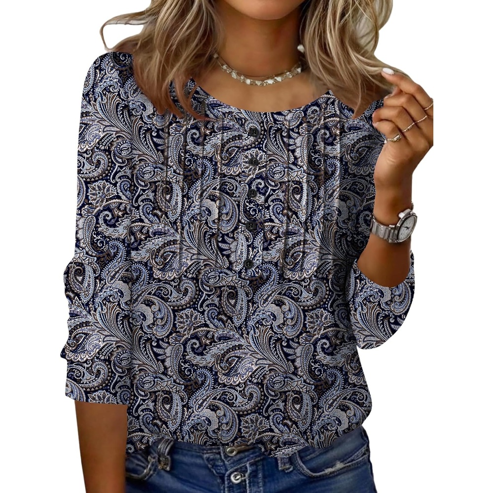 image:imageZeagoo 34 Length Sleeve Womens Tops Round Neck Casual Summer Tunic Tops Basic Tees Blouses Dressy TShirts Pleated ShirtsMz473