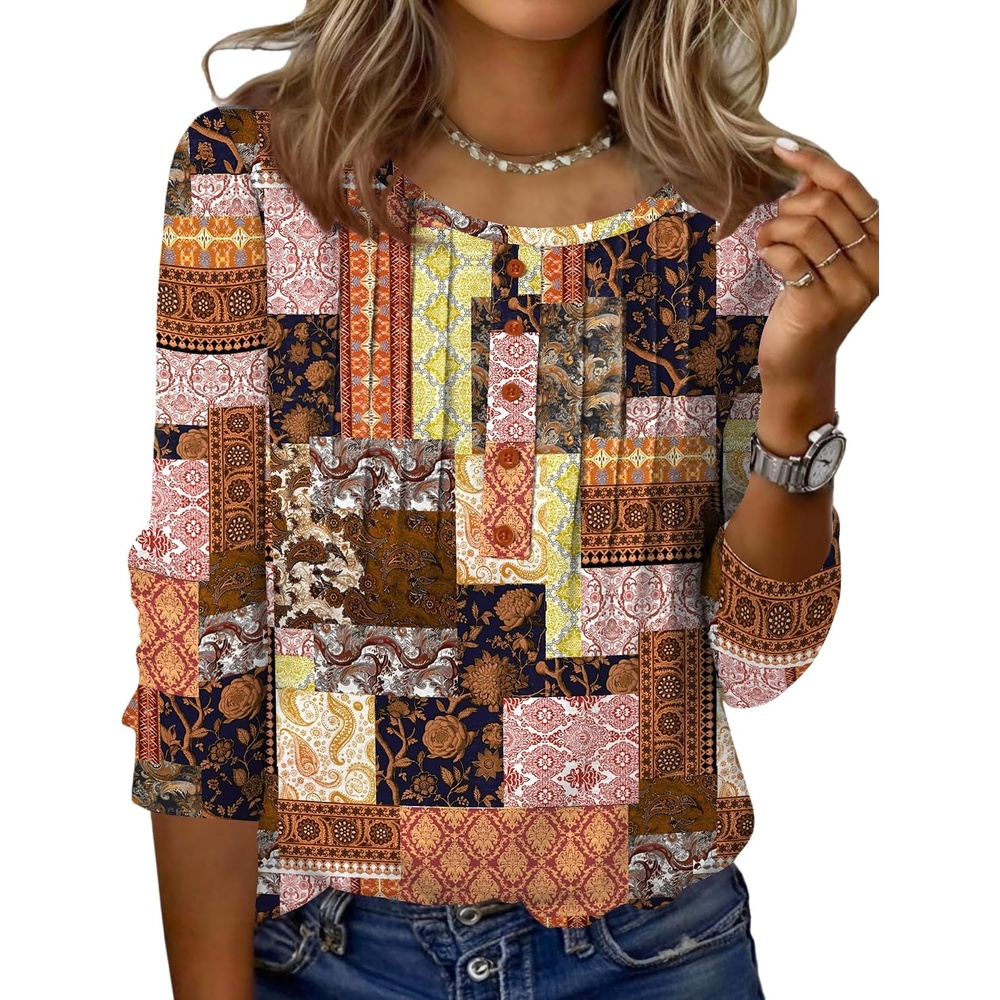 image:imageZeagoo 34 Length Sleeve Womens Tops Round Neck Casual Summer Tunic Tops Basic Tees Blouses Dressy TShirts Pleated ShirtsMz810