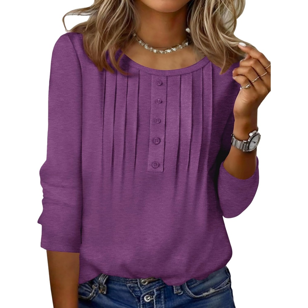 image:imageZeagoo 34 Length Sleeve Womens Tops Round Neck Casual Summer Tunic Tops Basic Tees Blouses Dressy TShirts Pleated ShirtsPurple