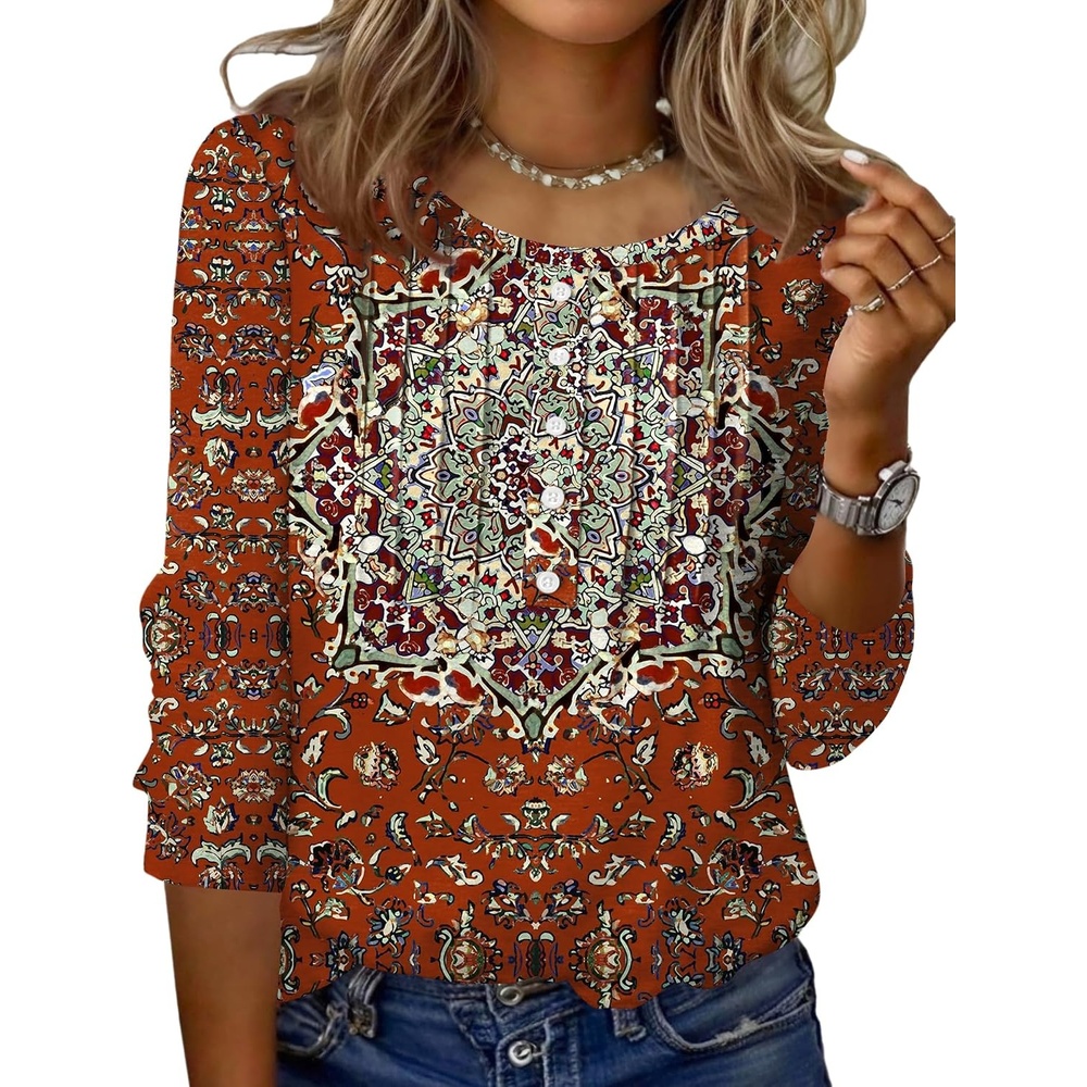 image:imageZeagoo 34 Length Sleeve Womens Tops Round Neck Casual Summer Tunic Tops Basic Tees Blouses Dressy TShirts Pleated ShirtsRed