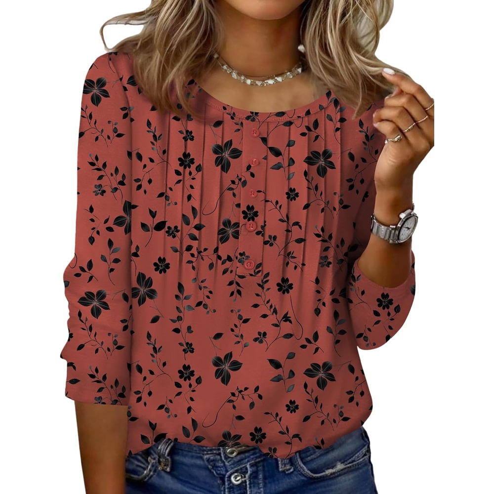 image:imageZeagoo 34 Length Sleeve Womens Tops Round Neck Casual Summer Tunic Tops Basic Tees Blouses Dressy TShirts Pleated ShirtsSf290