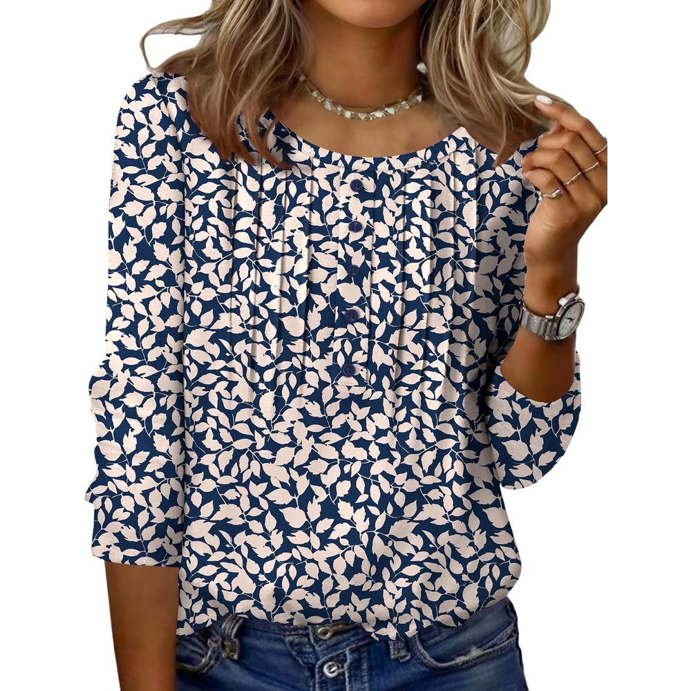 image:imageZeagoo 34 Length Sleeve Womens Tops Round Neck Casual Summer Tunic Tops Basic Tees Blouses Dressy TShirts Pleated ShirtsSp64