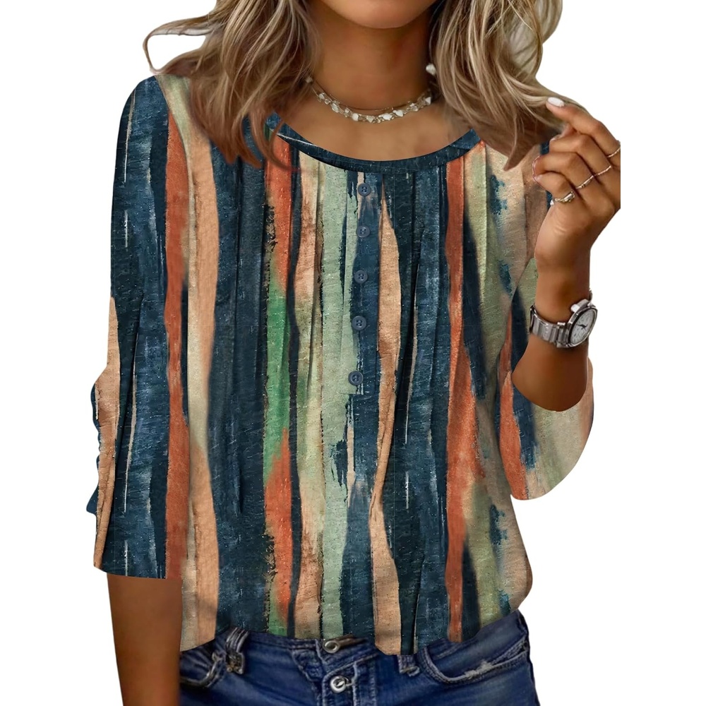 image:imageZeagoo 34 Length Sleeve Womens Tops Round Neck Casual Summer Tunic Tops Basic Tees Blouses Dressy TShirts Pleated ShirtsTie Dye
