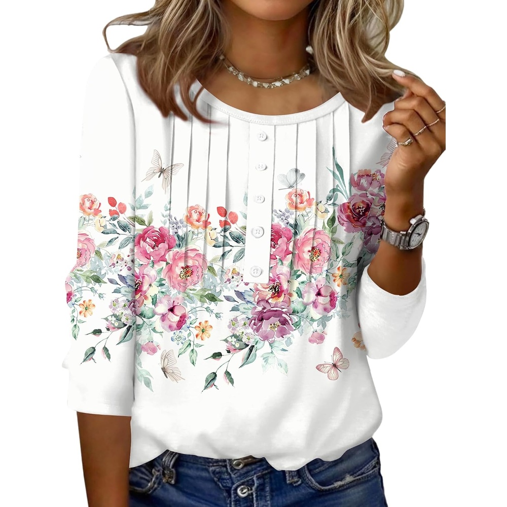 image:imageZeagoo 34 Length Sleeve Womens Tops Round Neck Casual Summer Tunic Tops Basic Tees Blouses Dressy TShirts Pleated ShirtsWhite