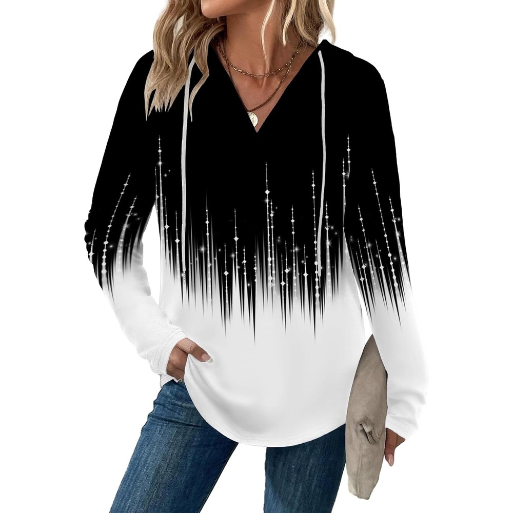image:imageZeagoo Hoodies for Women Long Sleeve Drawstring V Neck Pullover Sweatshirts Shirts Loose Casual Fall TopsBlackwhite