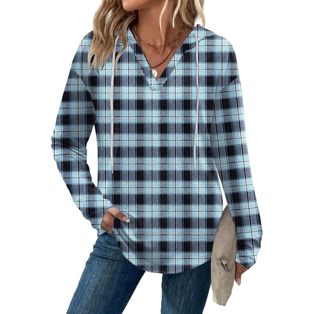 image:imageZeagoo Hoodies for Women Long Sleeve Drawstring V Neck Pullover Sweatshirts Shirts Loose Casual Fall TopsBlue Plaid