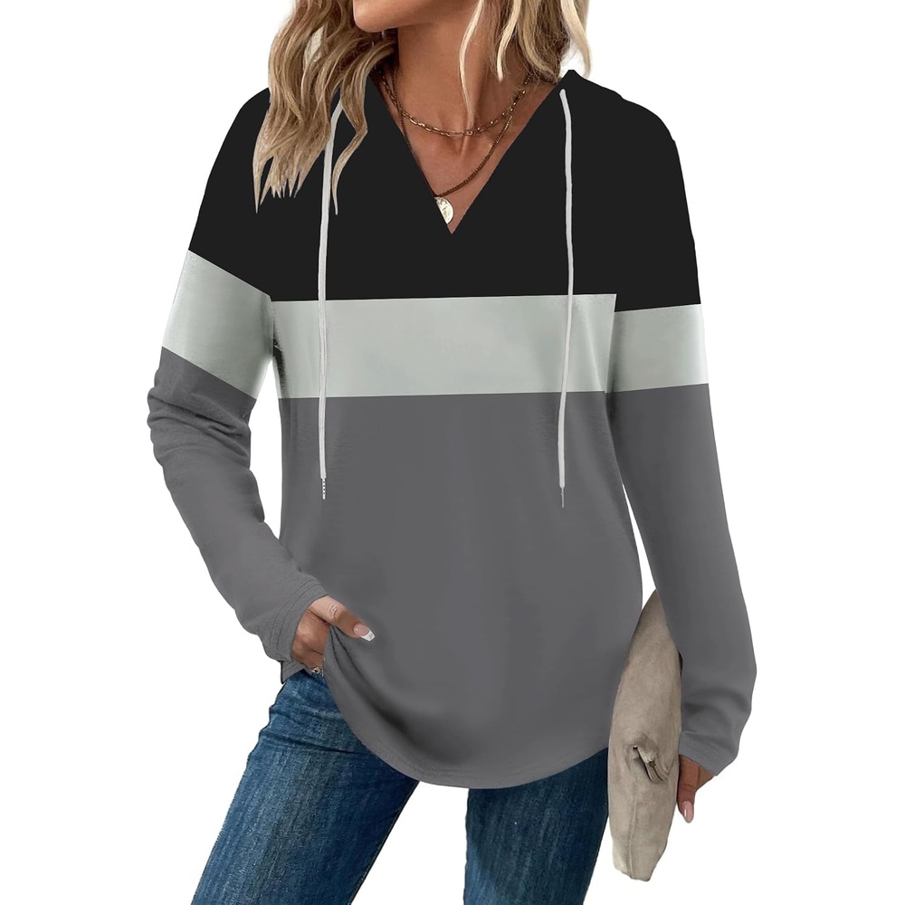 image:imageZeagoo Hoodies for Women Long Sleeve Drawstring V Neck Pullover Sweatshirts Shirts Loose Casual Fall TopsGrey Black