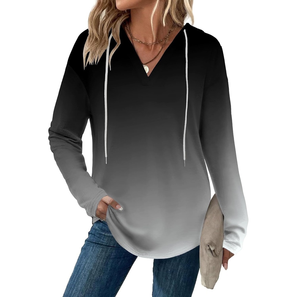image:imageZeagoo Hoodies for Women Long Sleeve Drawstring V Neck Pullover Sweatshirts Shirts Loose Casual Fall TopsGrey Gradient