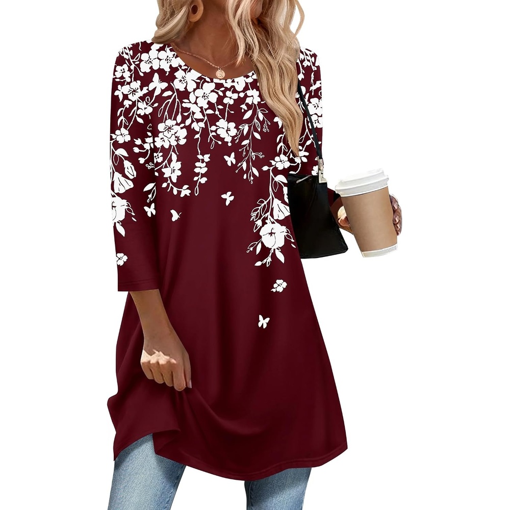 image:imageZeagoo Women Tops 34 Sleeve Dressy Casual Plus Size Tunics Loose BlousesBurgundy Flowersf186