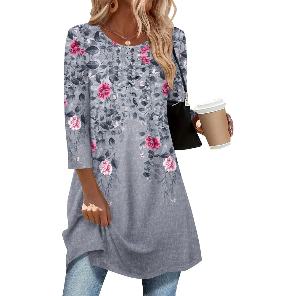 image:imageZeagoo Women Tops 34 Sleeve Dressy Casual Plus Size Tunics Loose BlousesGrey Flowerhf36