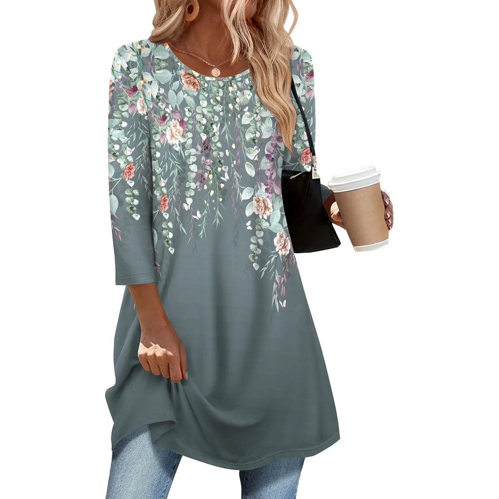 image:imageZeagoo Women Tops 34 Sleeve Dressy Casual Plus Size Tunics Loose BlousesGrey Flowerwf71