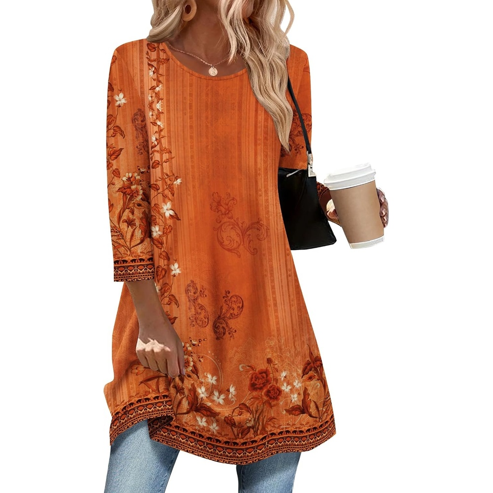 image:imageZeagoo Women Tops 34 Sleeve Dressy Casual Plus Size Tunics Loose BlousesOrange Flowermz867