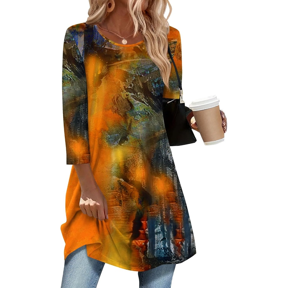 image:imageZeagoo Women Tops 34 Sleeve Dressy Casual Plus Size Tunics Loose BlousesOrange Printcx272