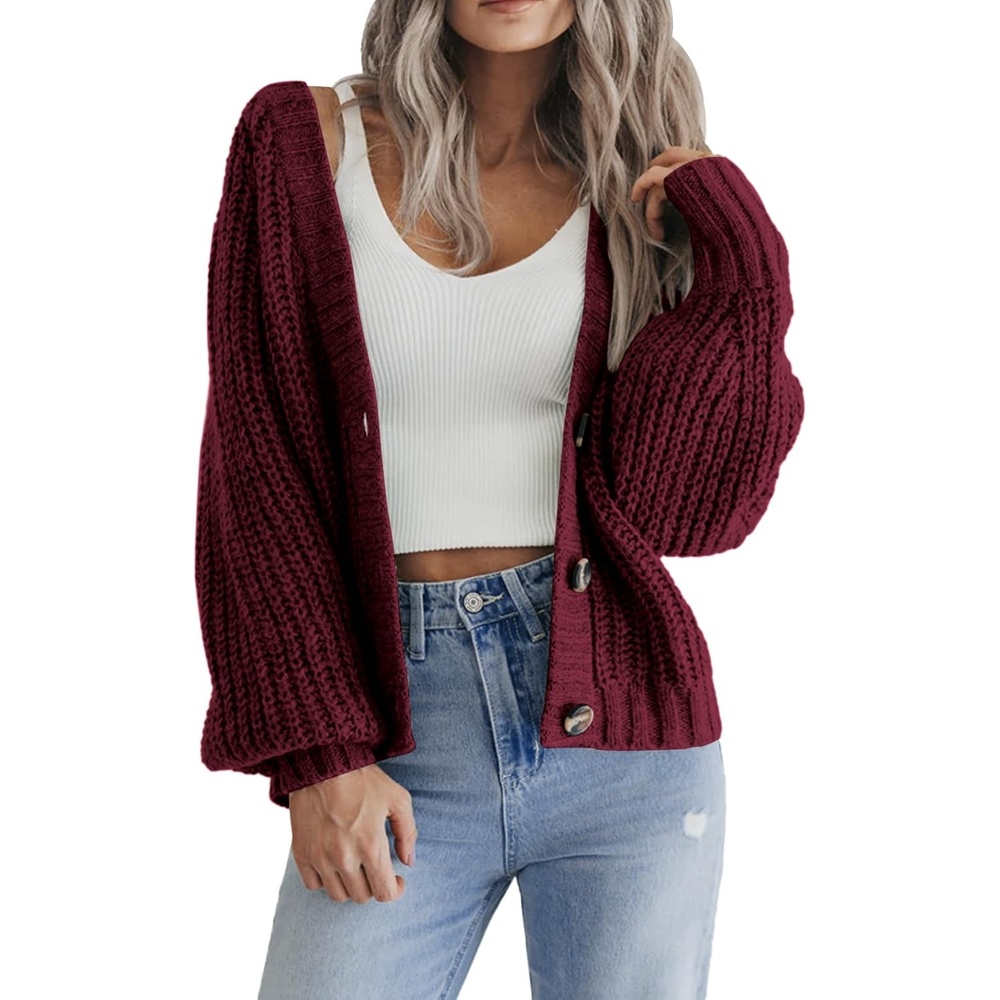 image:imageZeagoo Womens 2026 Fall Chunky Knit Cardigans Long Sleeve SweatersCwine Red