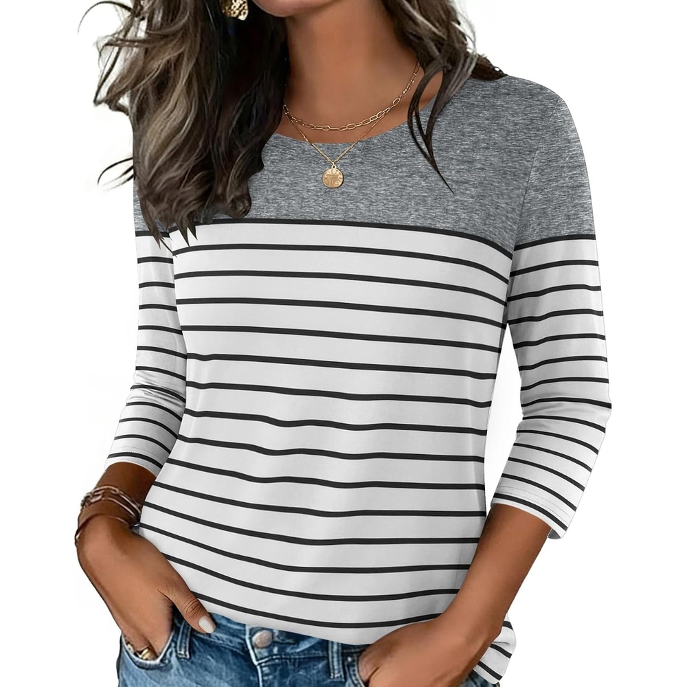 image:imageZeagoo Womens Casual 34 Sleeve TShirts Round Neck Tunic Tops Work BlouseGrey Stripe
