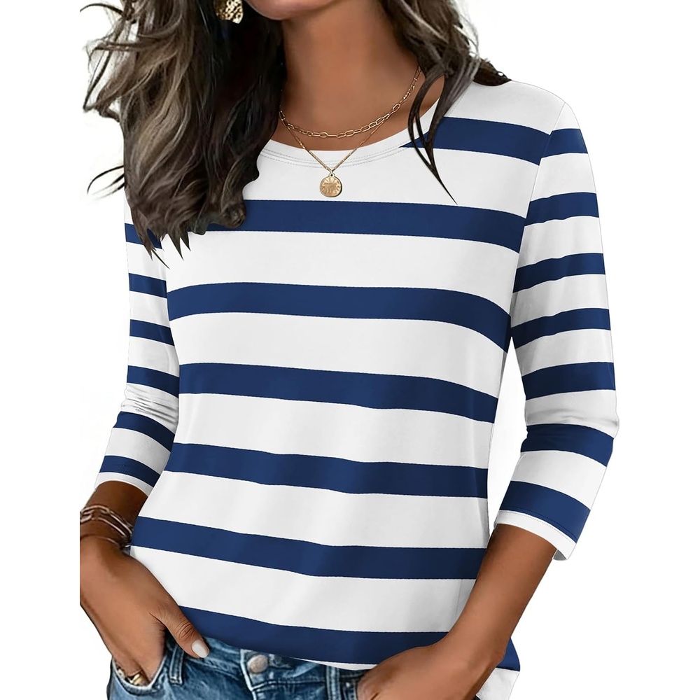 image:imageZeagoo Womens Casual 34 Sleeve TShirts Round Neck Tunic Tops Work BlouseNavy Stripestz290