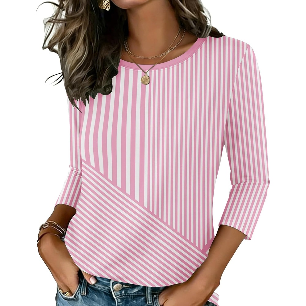 image:imageZeagoo Womens Casual 34 Sleeve TShirts Round Neck Tunic Tops Work BlousePink Stripestz300