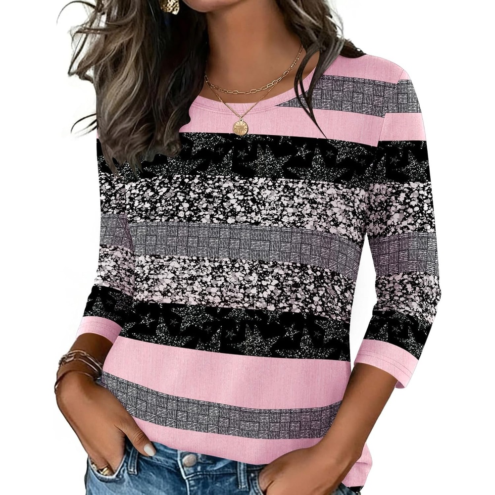 image:imageZeagoo Womens Casual 34 Sleeve TShirts Round Neck Tunic Tops Work BlousePink Stripetz245