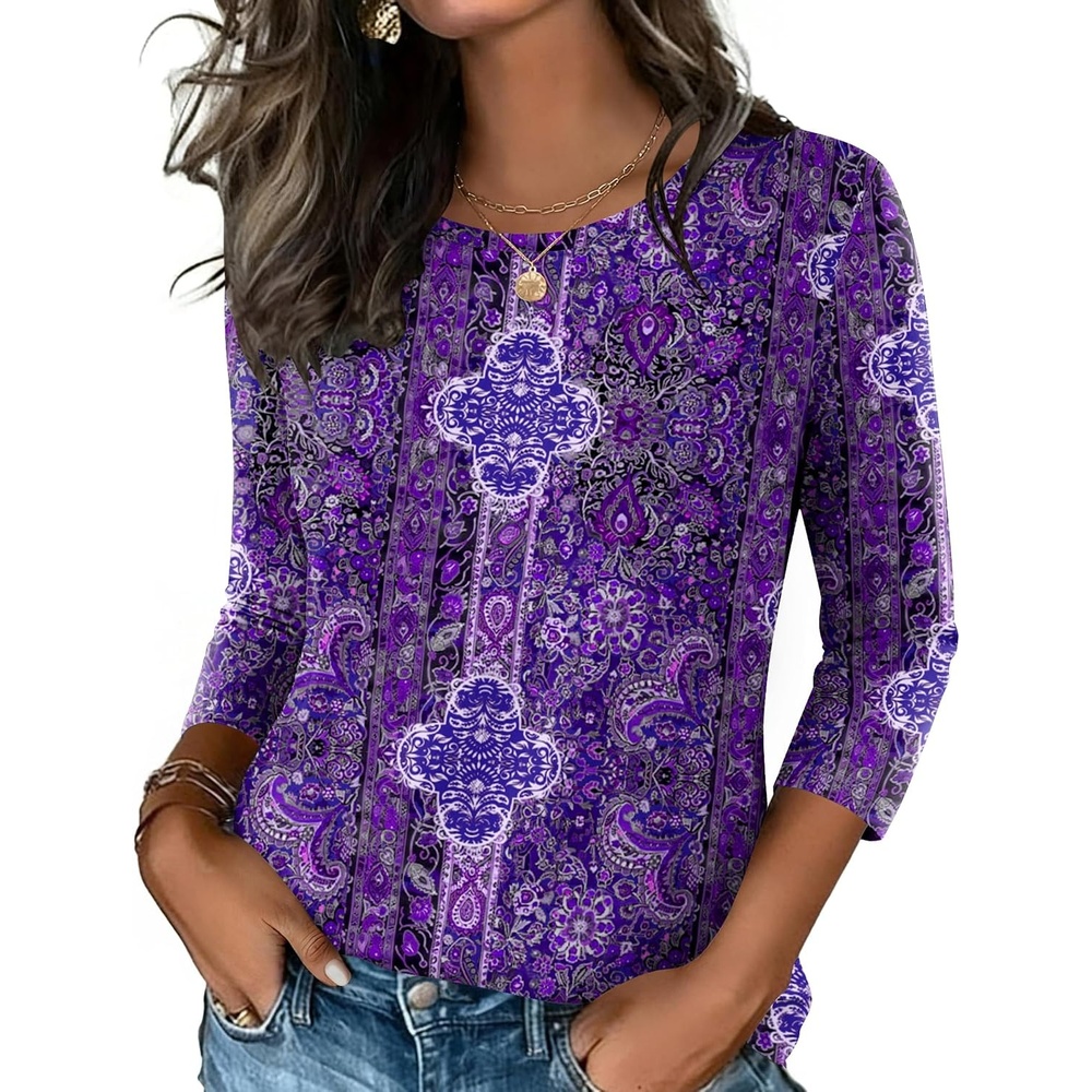 image:imageZeagoo Womens Casual 34 Sleeve TShirts Round Neck Tunic Tops Work BlousePurple Boho Mz907