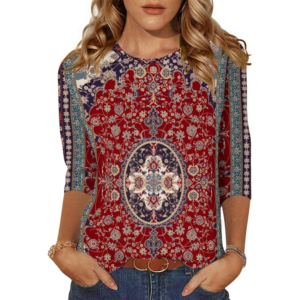image:imageZeagoo Womens Casual 34 Sleeve TShirts Round Neck Tunic Tops Work BlouseRed Bohemiamz870