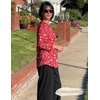 Zeagoo 3/4 Length Sleeve Blouse Pleated Tops Tunics for Women Dressy Shirt Business Casual(Vintage Red Ditsy)