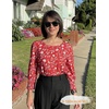 Zeagoo 3/4 Length Sleeve Blouse Pleated Tops Tunics for Women Dressy Shirt Business Casual(Vintage Red Ditsy)