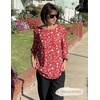 Zeagoo 3/4 Length Sleeve Blouse Pleated Tops Tunics for Women Dressy Shirt Business Casual(Vintage Red Ditsy)