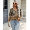 Zeagoo 3/4 Length Sleeve Womens Tops Casual V Neck Shirts Soft Basic Tees(Brown Leaves)