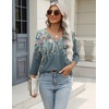 Zeagoo 3/4 Length Sleeve Womens Tops Casual V Neck Shirts Soft Basic Tees(Grey Floral)