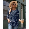 Zeagoo 3/4 Length Sleeve Womens Tops Round Neck Casual Summer Tunic Tops Basic Tees Blouses Dressy T-Shirts Pleated Shirts(02 Navy Floral)