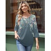 Zeagoo 3/4 Length Sleeve Womens Tops Round Neck Casual Summer Tunic Tops Basic Tees Blouses Dressy T-Shirts Pleated Shirts(Grey Floral)