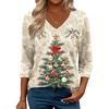 Zeagoo 3/4 Length Sleeve Womens Tops Casual V Neck Shirts Soft Basic Tees(Beige Christmas Tree)