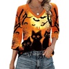 Zeagoo 3/4 Length Sleeve Womens Tops Casual V Neck Shirts Soft Basic Tees(Orange Pumpkin & Black Cat)