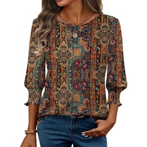 Zeagoo 3/4 Length Sleeve Blouse Pleated Tops Tunics for Women Dressy Shirt Business Casual(Brown Boho B)