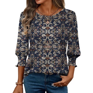 Zeagoo 3/4 Length Sleeve Blouse Pleated Tops Tunics for Women Dressy Shirt Business Casual(Navy Khaki Blessing)