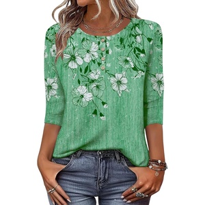 Zeagoo 3/4 Length Sleeve Women Tops Dressy Casual Blouses Work Clothes(Bf180-green Flower)